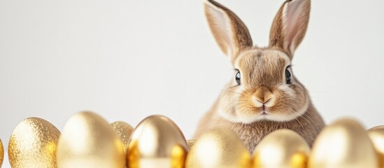 Cute Easter bunny with golden eggs in a minimalistic frame creating a joyful spring greeting card design on a clean white background.