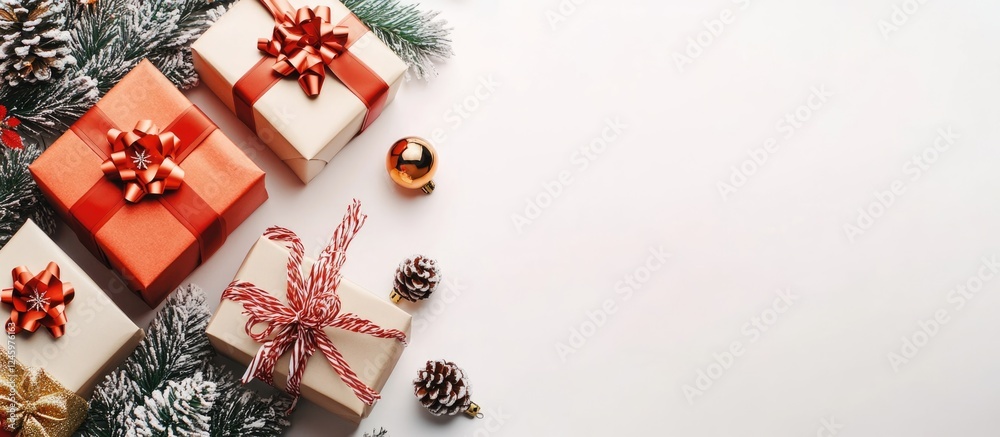 Poster colorful holiday gift boxes with ribbons and bows arranged elegantly on a festive background with am