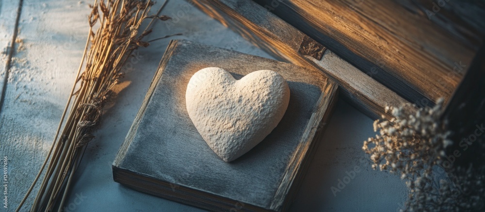 Poster ceramic heart on wooden surface with love card mockup and decorative sticks creating a romantic comp