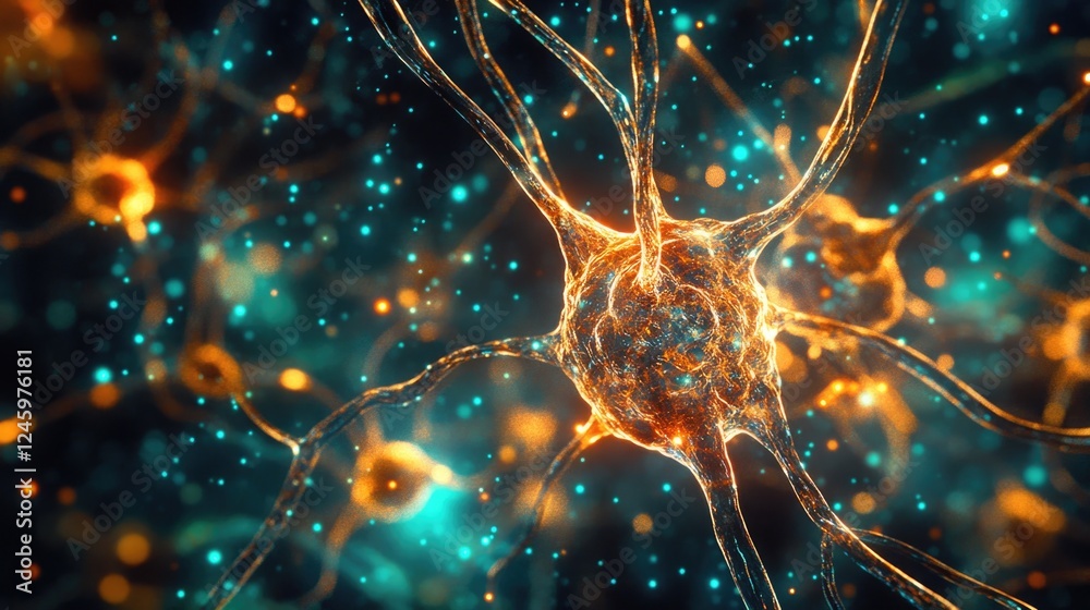 Poster digital brain with neural connections and data streams against a colorful background ideal for illus
