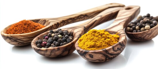 Assorted spices in wooden spoons on a white background showcasing vibrant colors and textures for culinary and cooking themes.