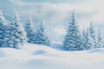 Fototapeta premium Snowy landscape featuring tall trees blanketed in snow under a clear blue sky creating a serene winter scene for nature lovers and outdoor enthusiasts