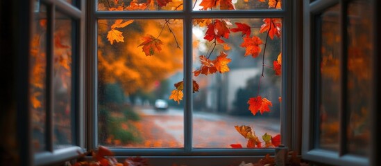 Autumn foliage view through window showcasing vibrant fall colors and a serene street scene.