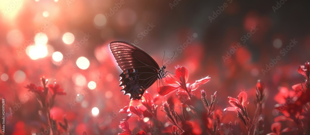 Aufkleber common crow butterfly resting on vibrant ruspolia flowers with a beautiful bokeh background capturin