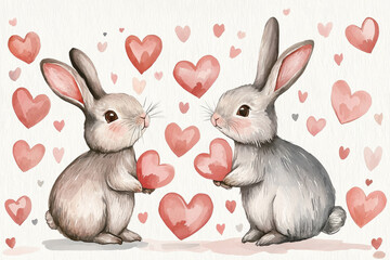 Two cute rabbits holding hearts, surrounded by floating love hearts in watercolor style.