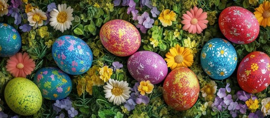 Colorful Easter eggs surrounded by vibrant spring flowers and greenery creating a festive and cheerful atmosphere with space for text.