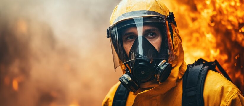 Firefighter in full protective gear standing against a fiery background ready for action with space for text overlay