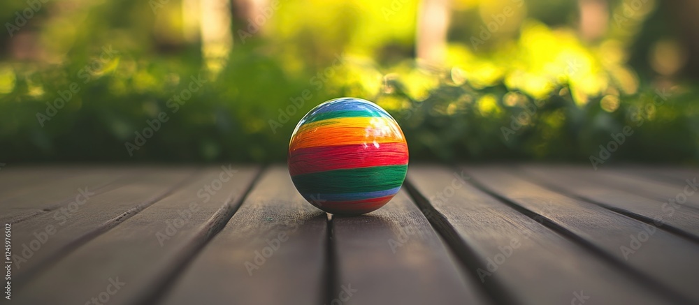 Poster colorful striped ball resting on a wooden surface with a blurred greenery background highlighting pl