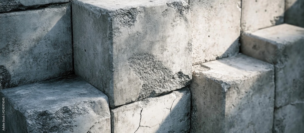 Poster Textured concrete block wall background with uneven surfaces and subtle wear for industrial or architectural design projects.