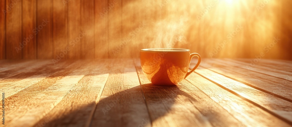 Poster warm cup of coffee on a sunlit wooden surface with steam rising creating a tranquil morning atmosphe