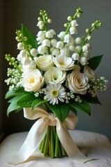 Vintage-inspired bouquet of lily of the valley with ribbon and flowers, arrangement, ribbon, flowers