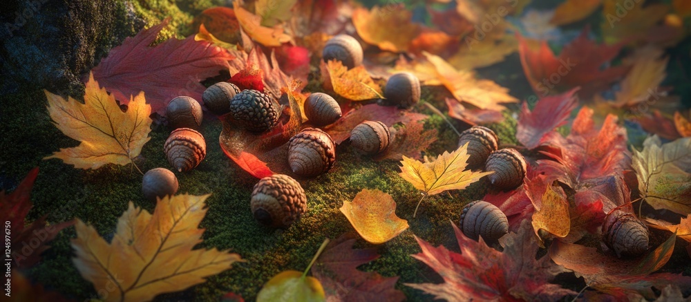 Poster Autumn Acorn Collection with Colorful Leaves on Forest Floor in Natural Setting