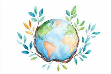 Vibrant watercolor globe adorned with leaves, symbolizing nature and sustainability. isolated on white background.