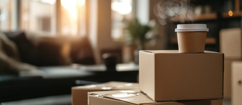 Cozy living room filled with moving boxes and a steaming coffee cup creating a warm inviting atmosphere ideal for home transition content.