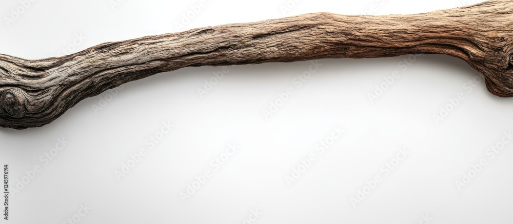 Poster curved driftwood piece isolated on white background showcasing natural textures and ample copyspace 