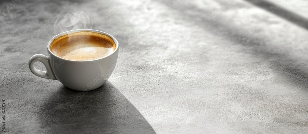 Poster coffee cup on a cement table with steam rising, illuminated by natural light creating a tranquil mor