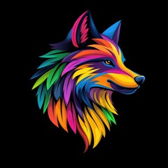 Obraz premium Colorful wolf head profile, vibrant art, black background, graphic design