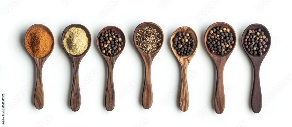 Poster diverse spices in wooden spoons arranged neatly on a white background showcasing a variety of textur