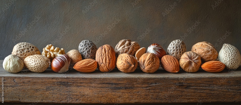 Poster assorted raw mixed nuts with shells arranged on a wooden surface showcasing natural textures and ear