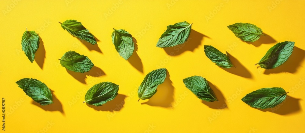 Poster fresh mint leaves arranged artistically on a vibrant yellow background showcasing their texture and 