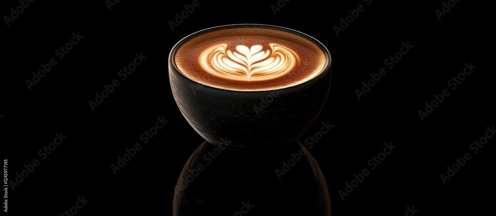 Poster aromatic coffee cup with latte art on a sleek black background capturing elegance and warmth for pre
