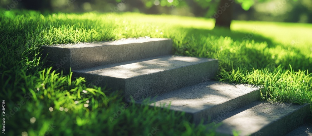 Aufkleber concrete steps surrounded by lush green grass in a serene outdoor park setting with soft natural lig