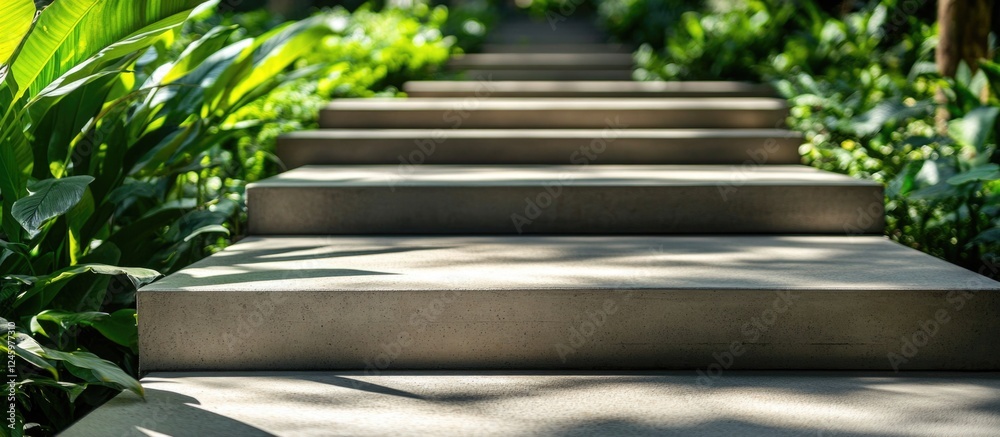 Poster Concrete walkway steps surrounded by lush greenery creating a serene and inviting garden pathway atmosphere