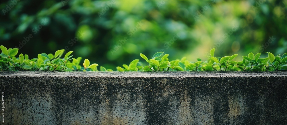 Poster textured concrete fence adorned with lush green foliage creating a vibrant natural backdrop for vari