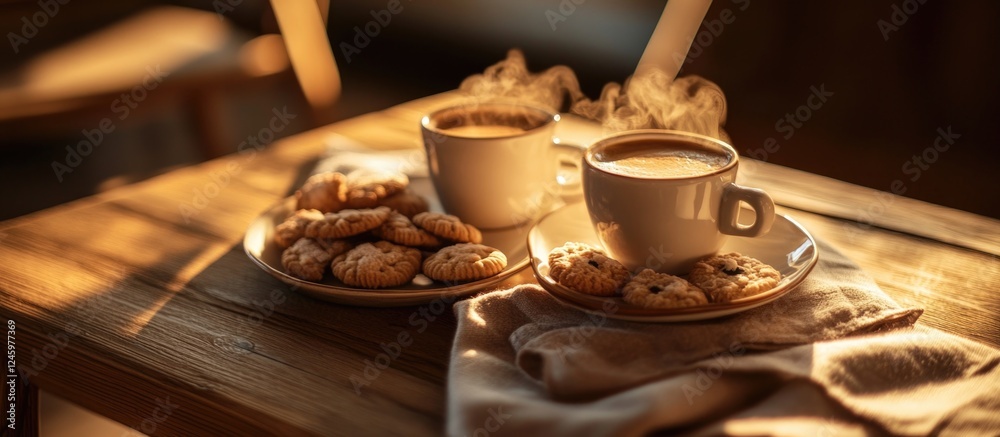 Aufkleber cups of steaming coffee paired with delicious cookies and a napkin on a rustic wooden table creating