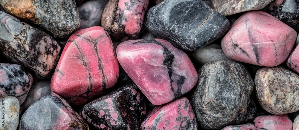 Poster close-up view of a diverse collection of polished rhodonite stones showcasing their unique pink and 