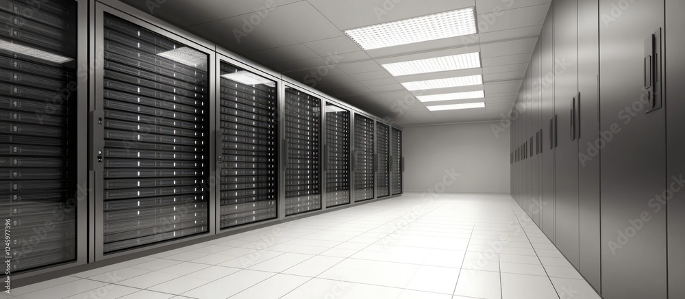 Poster close up of a modern server room featuring rows of racks and ample space for text integration in a s