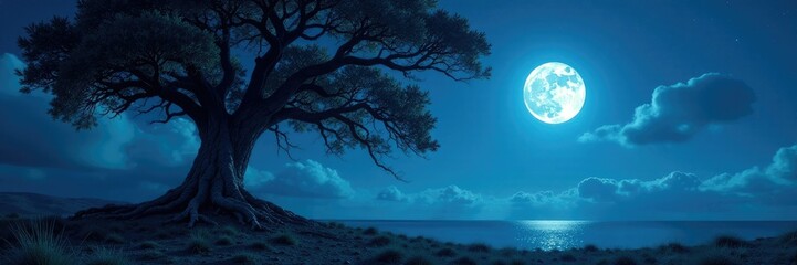 Fototapeta premium Ancient tree branches stretch towards moonlit sky, tree, moonlight