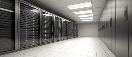 Obraz premium Close up of a modern server room featuring rows of racks and ample space for text integration in a sleek, high-tech environment