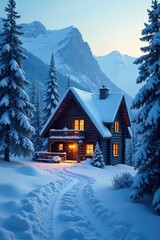 Snowy mountainside cabin with warm glowing windows and chimney smoke rising high, cozy retreat, woods, winter scene