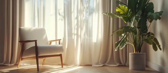 Fototapeta premium Elegant interior with soft curtains and a cozy chair by the window surrounded by natural light and greenery for a serene atmosphere.