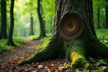 Ancient tree trunk with ring markings near forest trail, bark, woods, ancient