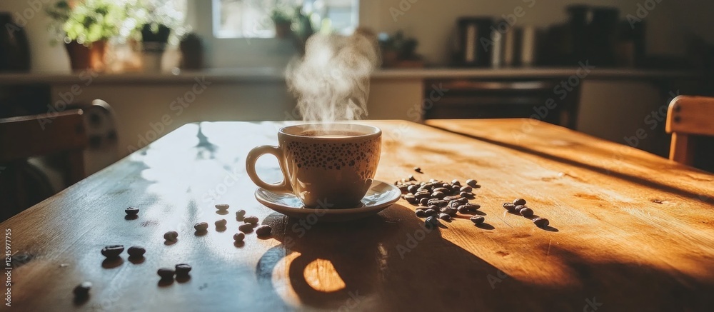Poster warm cup of coffee surrounded by roasted beans on a rustic wooden table in a cozy kitchen setting wi