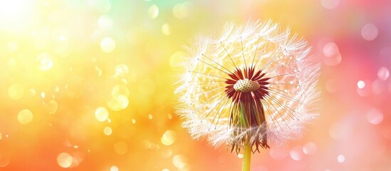 Dandelion seeds with water droplets against a dreamy colorful background showcasing nature's delicate beauty and vibrant textures.