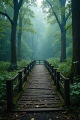 Obraz premium Ancient wooden bridge in misty forest surroundings, nature, forest