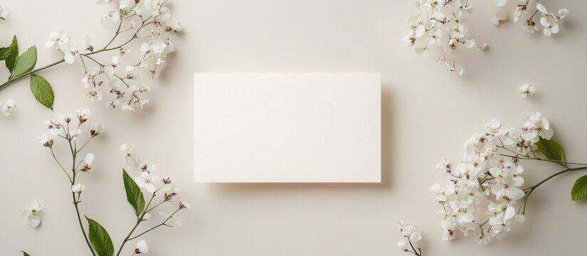 Elegant blank invitation card surrounded by delicate white flowers on a soft background ideal for event announcements and celebrations.