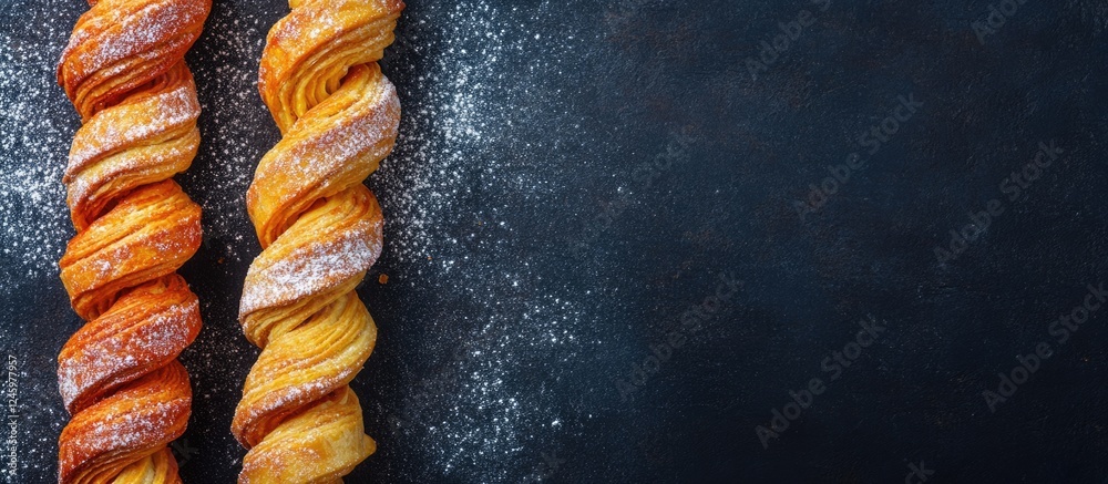 Poster colorful twisted pastry dessert with sugar and cinnamon on black board empty space for text or brand