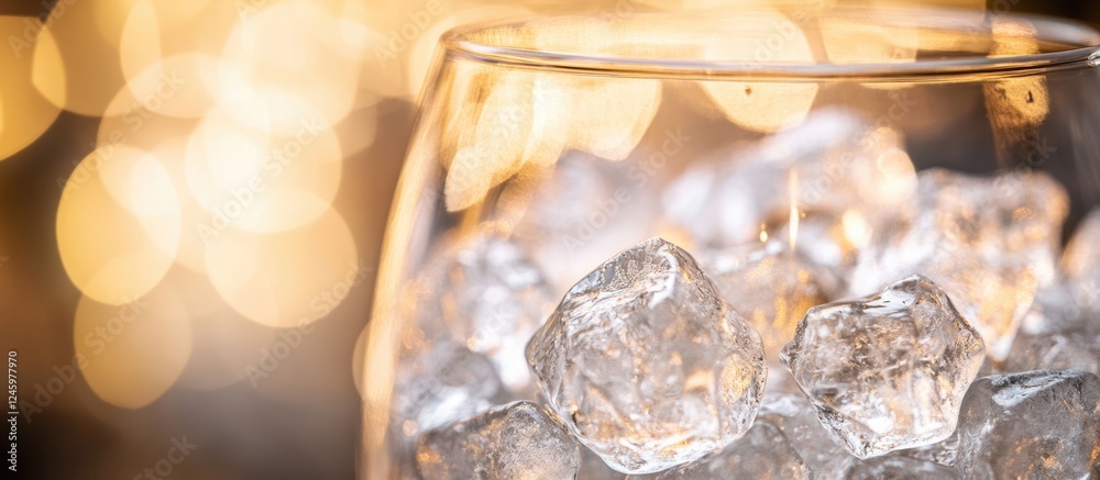 Poster Crushed ice in glass with sharp edges and warm bokeh background creating an abstract seasonal atmosphere perfect for refreshing imagery