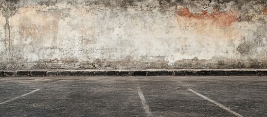 Fototapeta premium Abandoned parking lot with cracked asphalt surface and weathered wall texture ideal for use as a blank canvas for advertising or design projects