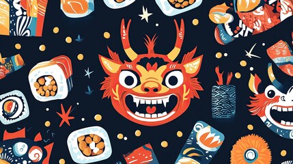 Naklejka premium Playful Flat Lay of Oni Characters, Soybeans, and Sushi Rolls for Setsubun