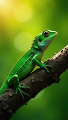 Fototapeta premium An emerald lizard is seen basking in the warm sunlight on a tree branch, sunbathing, scenery, natural
