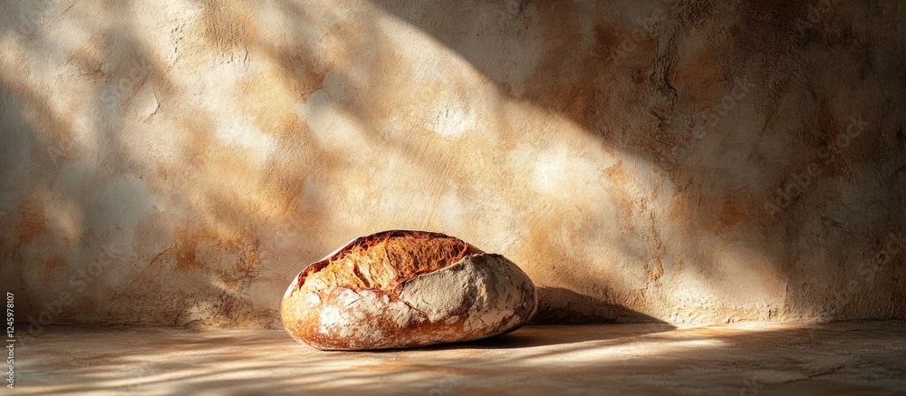 Poster Rustic bread loaf on textured plaster surface with soft shadows creating a warm and inviting atmosphere for food photography.