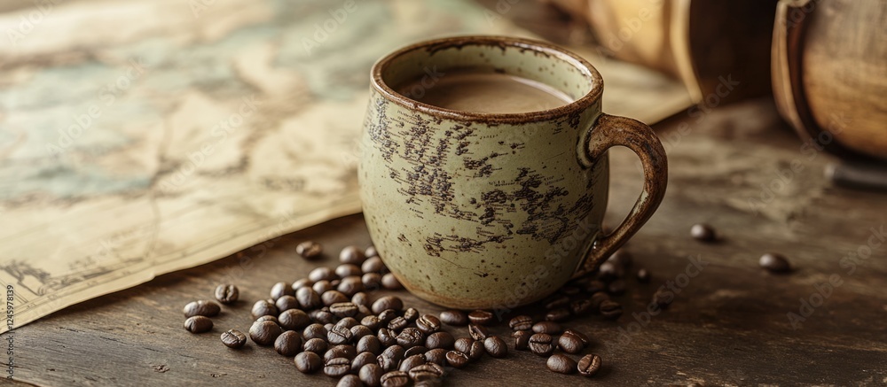 Poster Coffee cup and beans on rustic table with vintage map background creating a warm inviting atmosphere for coffee lovers and travelers.