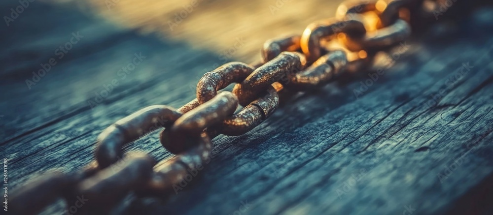 Poster rusty metal chain link close-up on a weathered wooden surface showcasing texture and detail of decay