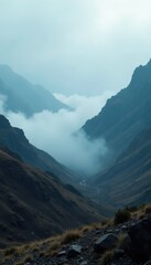 Naklejka premium An otherworldly fog rolls in over a barren landscape, eerie ambiance, foggy valleys, ethereal atmosphere
