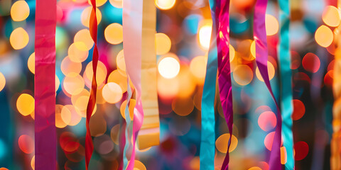 Colorful Ribbons Hanging Against a Warm Bokeh Background
